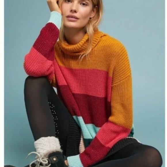 Farm Rio x Anthropologie Rainbow Striped Turtleneck Sweater, size small - Picture 1 of 6